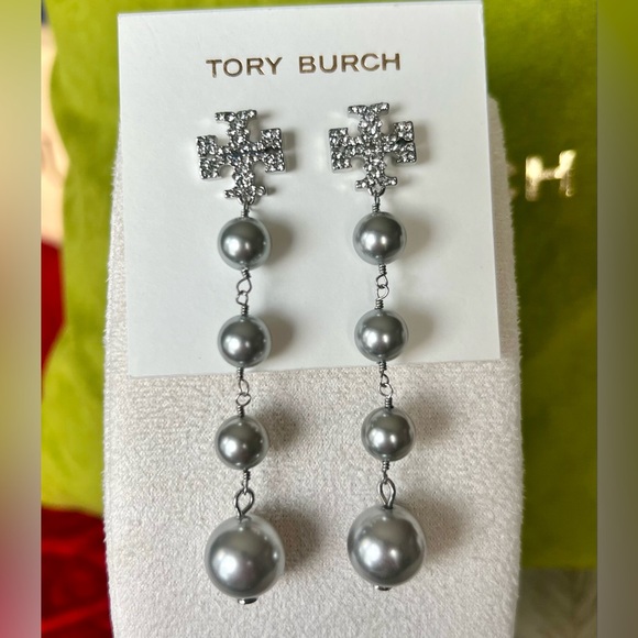Tory Burch drop earrings with crystal-embellished logo studs & grey faux pearls - Picture 1 of 2